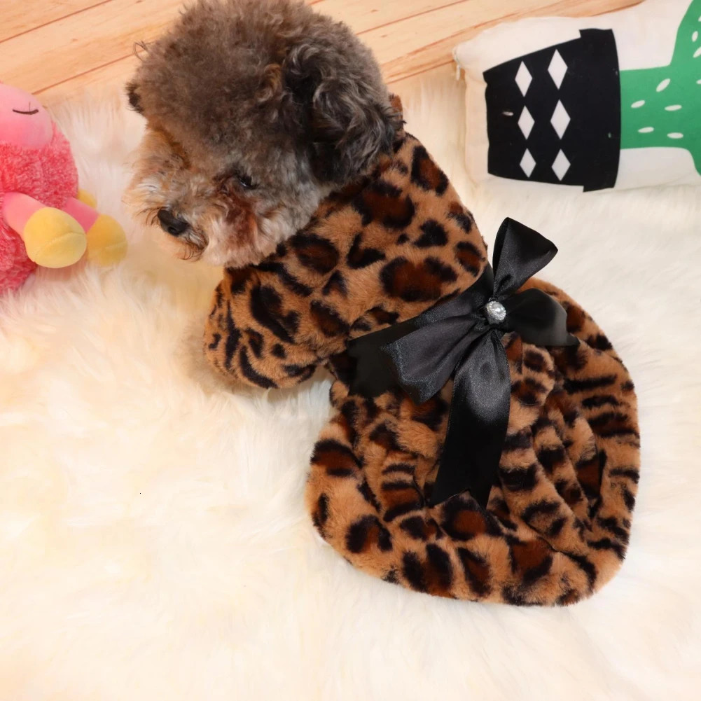 Pet Elegant Fur Winter Warm Overcoat Small Dog Cat Clothes Bowknot Leopard Chihuahua Princess Party Dress 251129 H260130