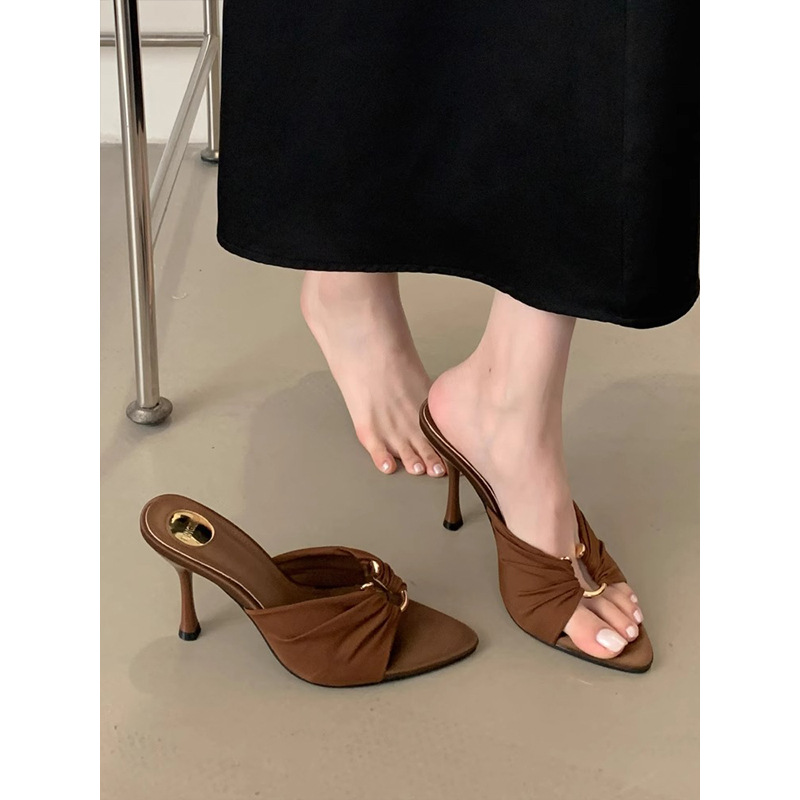 Free shipping designer women's summer style pleated metal buckle pointed high heels Sexy thin heels open-toe flip-flops