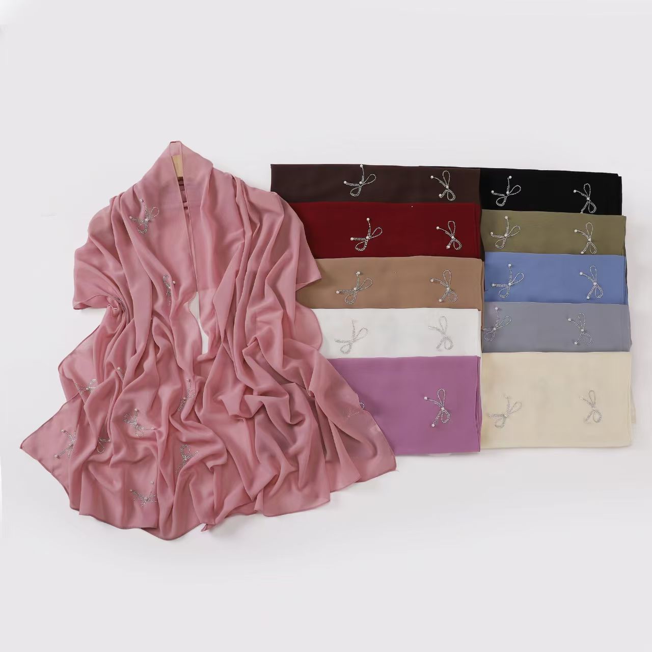 T589 new pearl chiffon bow hot diamond nail bead long scarf Hui ethnic scarf small fresh female