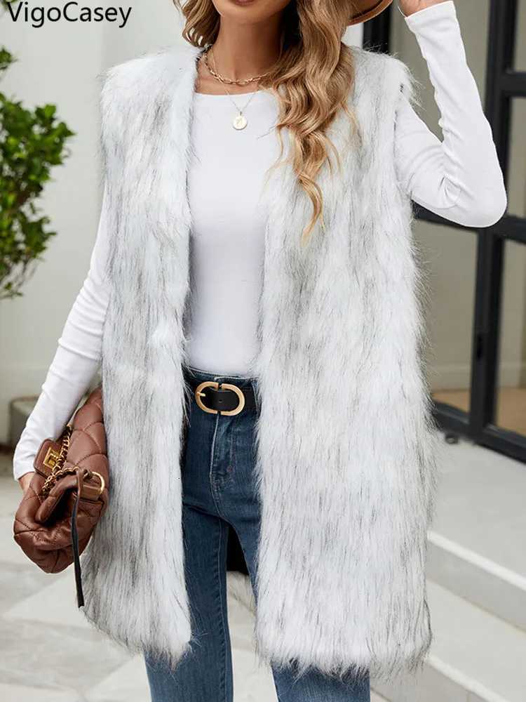 VigoCasey 2025 White Sleeveless Thick Faux Fur Vest Coat Woman V Neck Plush Warm Waistcoat Lady Autumn Winter Fluffy Vest JacketT251129