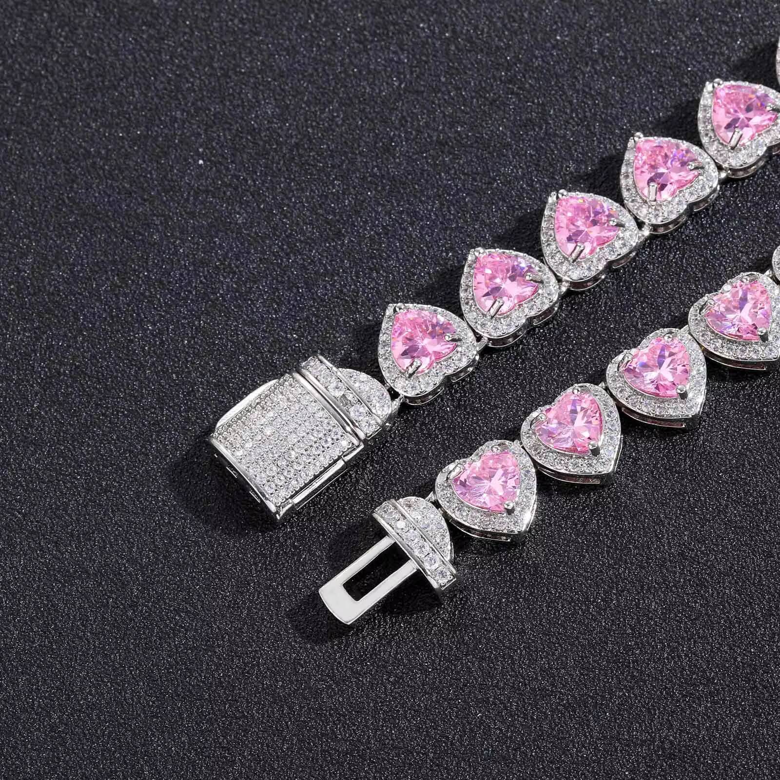 High Quality 10mm Iced Pink Heart Shaped Tennis Chain Necklace Shiny Pink Moissanite Fine Jewelry Hip Hop Style for Party Gift