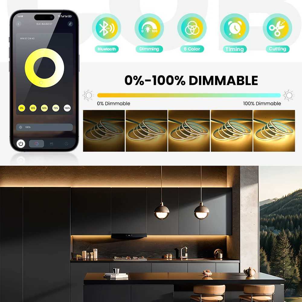 Dimmable CCT 576LEDs/m COB LED Strip Light Bluetooth Control 24V 2700K 4000K 5000K 6000K Power Kit for Home RA90 Linear Lighting M251129