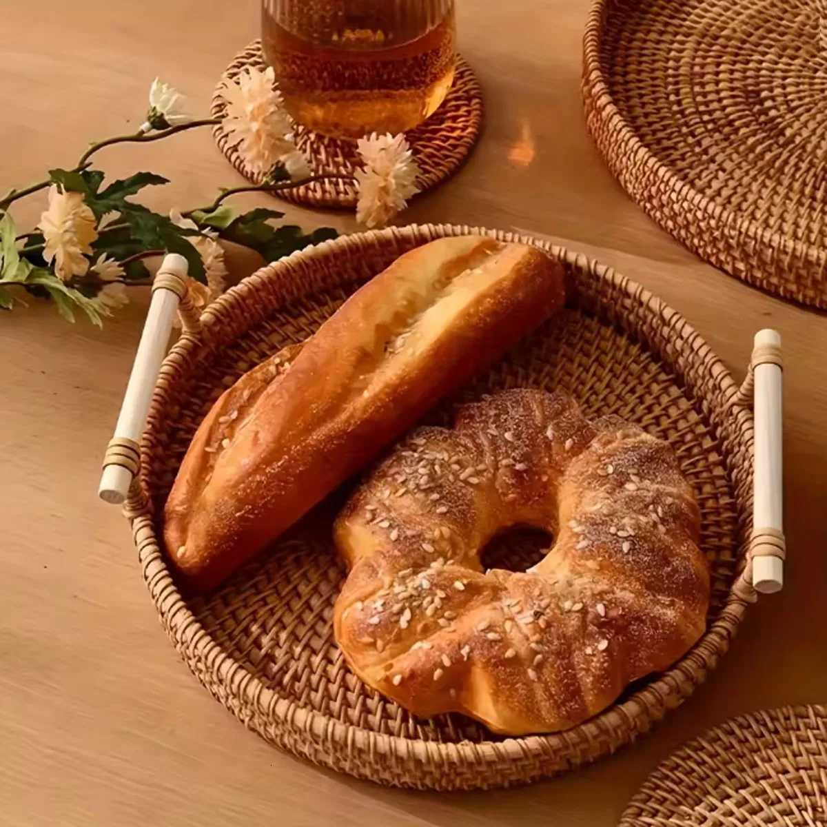 Handmade Rattan Tray Double Ear Tea Fruit Serving Tray Bread Snack Storage Woven Basket Insulated Art Decoration Home Decor Y251129