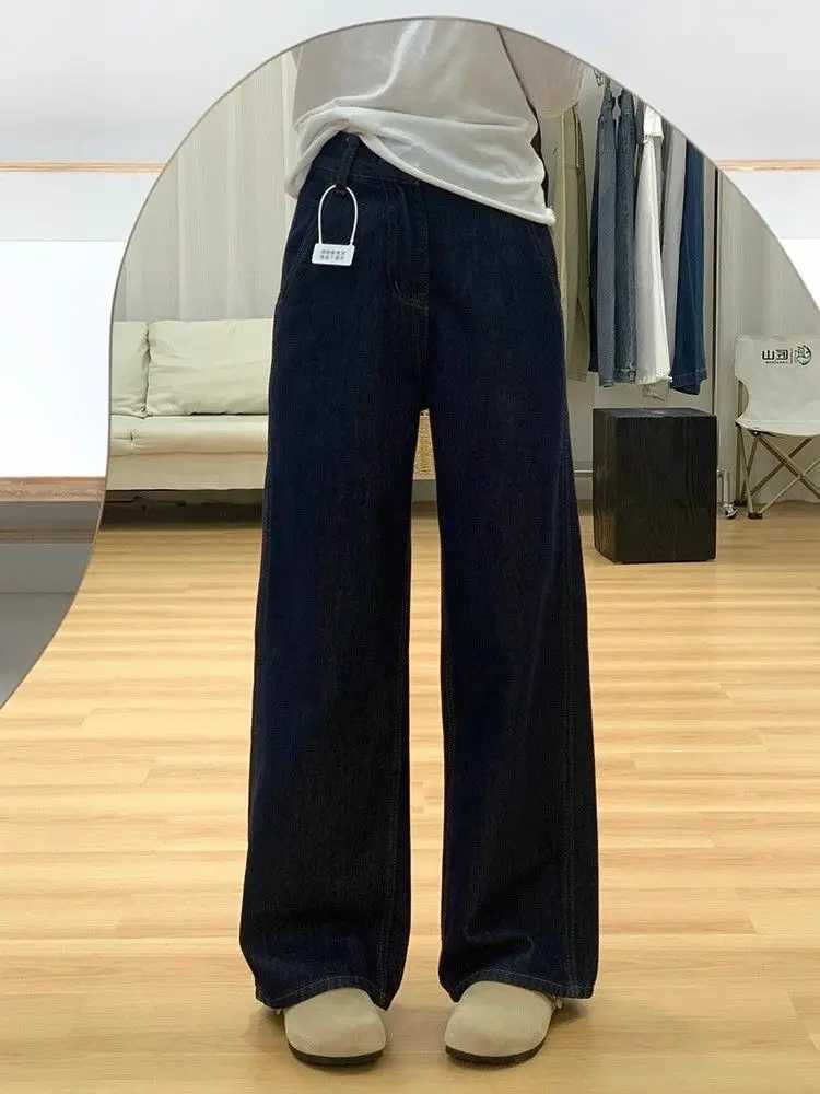 American Retro Dark Blue High Waist Loose Womens Jeans 2025 Autumn Winter Stylish Wide Leg Pants M260310