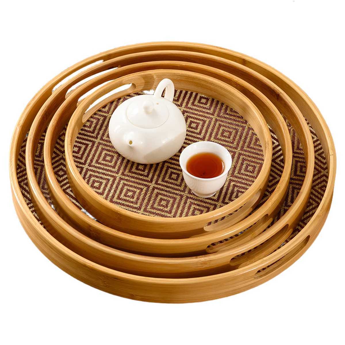Bamboo Round Tray 158 Handles - Multi-Purpose Home Kitchen Beverage Storage Restaurant Platter Y251129