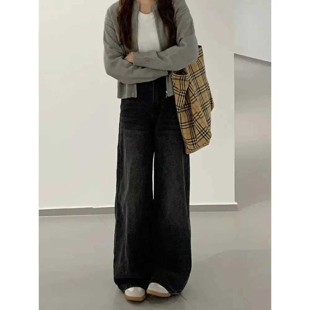 Y2k Jeans Women Jeans Black Washed Wide Leg High Waist Loose Fit Winter New Arrival Trousers Slimming Drape Straight Long Pants M260310