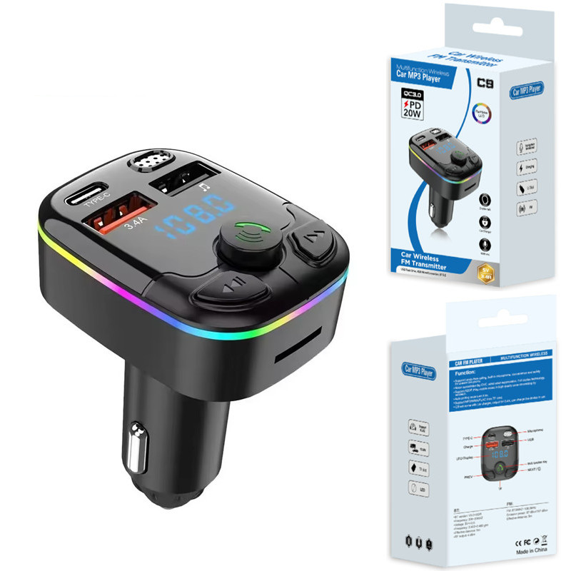 C9 FM Transmitter Car Adapter PD Type C Dual USB Fast Car Charger Wireless Bluetooth 5.0 Radio Music MP3 Player LED Display Hands Free Calling Support U Disk & TF Card