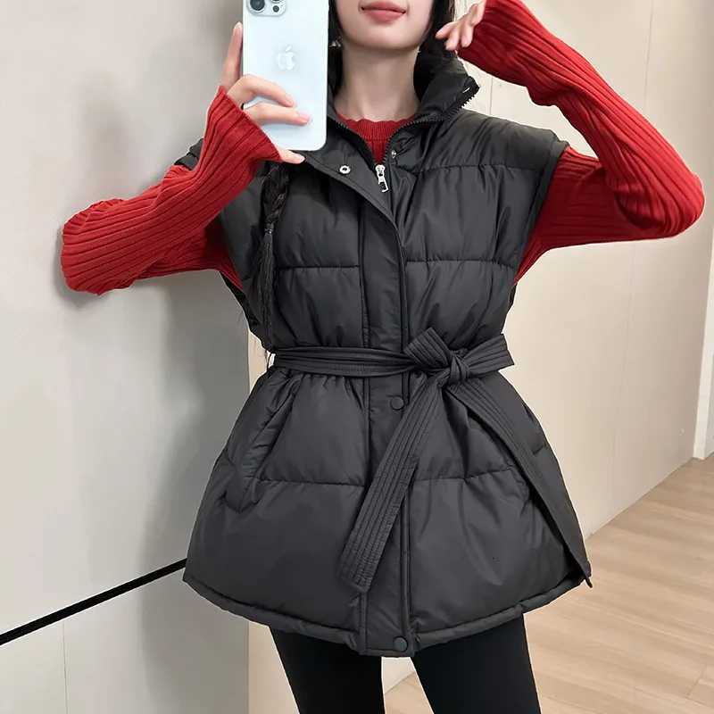 Chic Autumn Winter Thiened Cotton Puffer Vest Womens Faion Stand Collar Single Button Vest Waist Cinched Outerwear JacketT251129