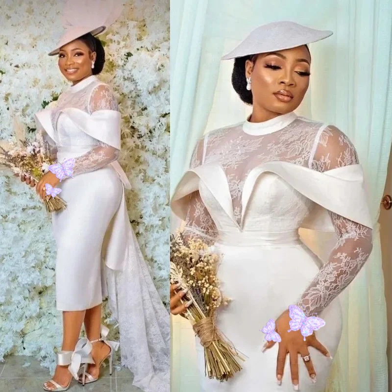 White Short Wedding Dresses Lace Long Sleeves Tea Length Satin Classic Bridal Gowns Women Brides After Wedding Party Gown Robe De Soiree