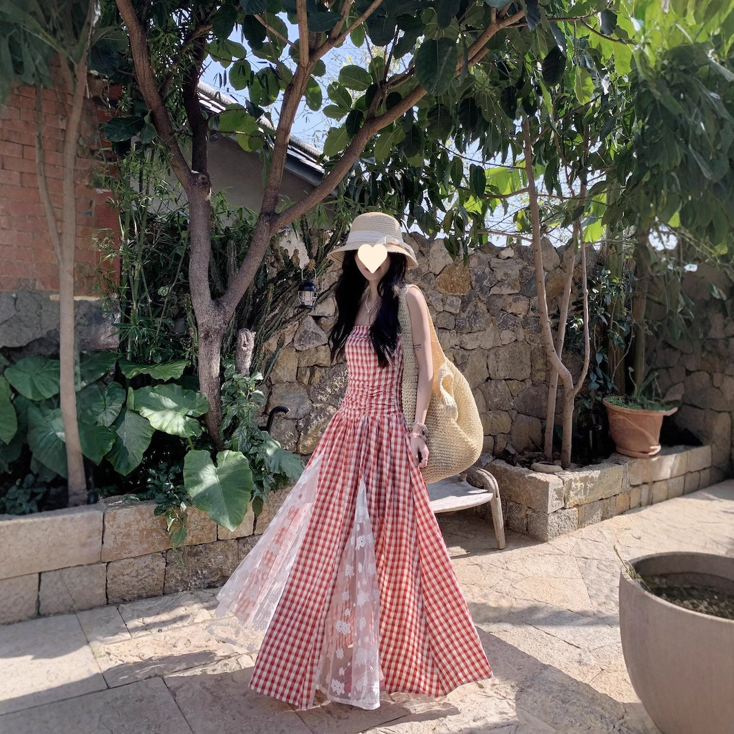 D721French holiday plaid lace stitching heavy tube top dress summer temperament waist slimming high-end feeling