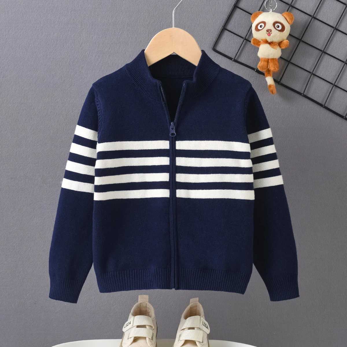 Boys college style striped small stand up collar sweater cardigan jacket suitable for school in spring autumn and winter C251129