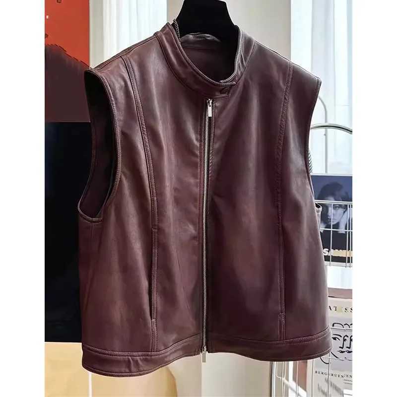 Spring Autumn Feminine Leather Waistcoat Jacket Women PU Leather Sleeveless Coat 2025 Ladies Stand Collar Faux Leather Vest TopsT251129