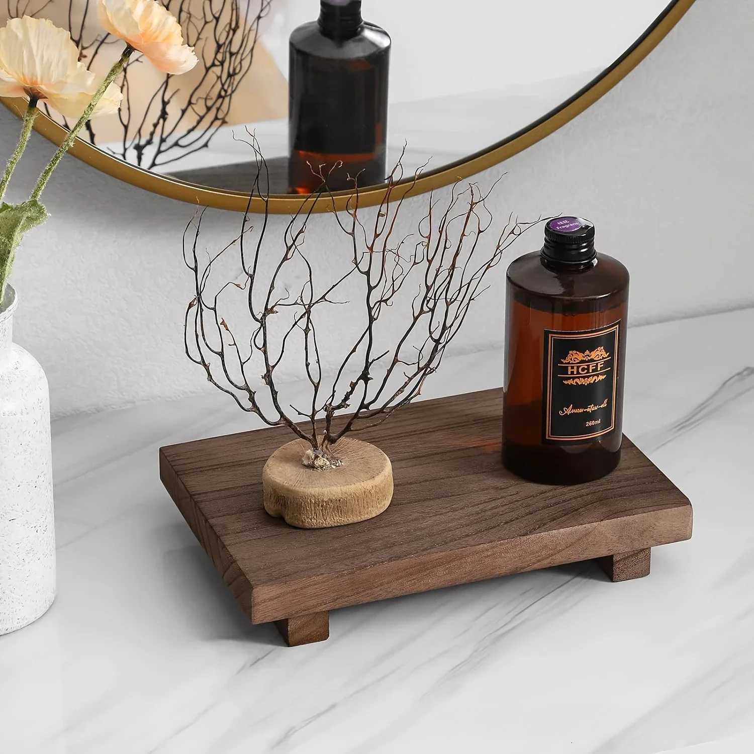 Wood Tray Pedestal Stand Bathroom Decor Wooden Vanity Hands Soap Scented Candle Storage Holder Tray Kitchen Seasoning Holder Y251129