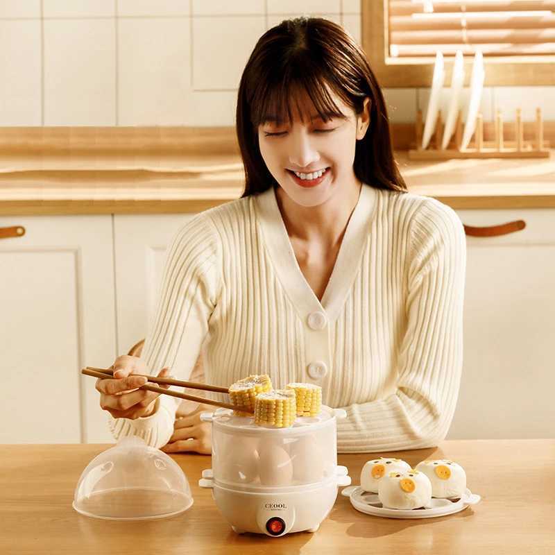 Multifunctional Egg Boiler 2 Layers Mini Electric Egg Cooker Egg Steamer Kitchen Steamed Breakfast Automatic Power Off Cooker C251129