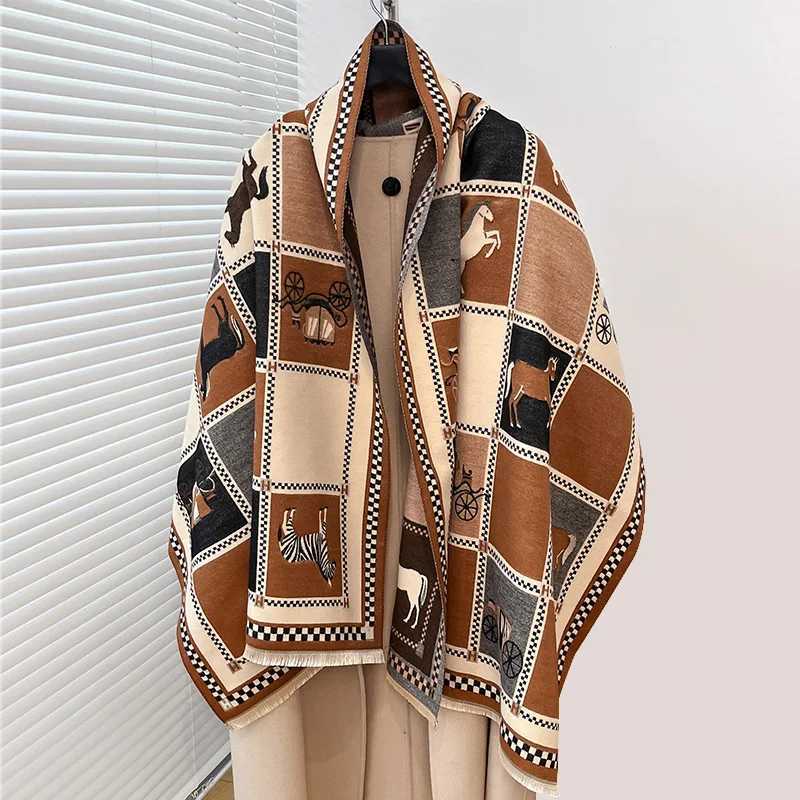 Luxury Warm Poncho Cashmere Winter Women Scarf Horse Print Shawl Wraps Female Thick Blanket Bufanda Travel Echarpe 2024J251129