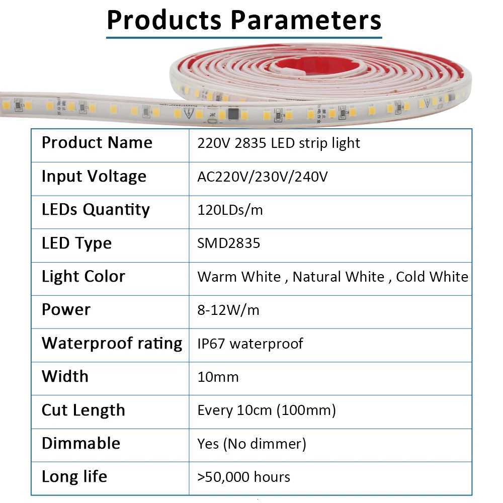 AC 220V 230V 2835 LED Strip Light Waterproof IP67 120LEDs/m Flexible Tape Lamp Warm Cold White 1M 2M 3M 5M 10M 20M Home Lighting M251129