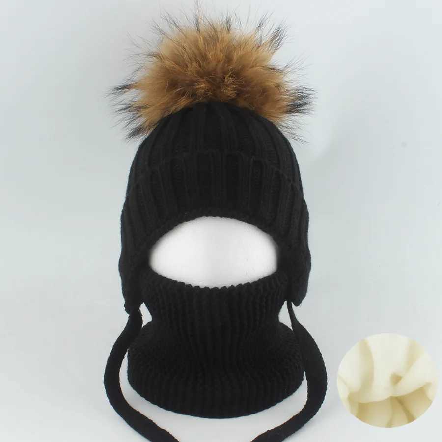 2Pcs Winter Baby Hat Scarf Set Genuine Fur Ball Infant Bonnet Knitted Kids Cap Fleece Lining Warm Ears Toddler Beanie Hats 1-6YW251129 - view 4