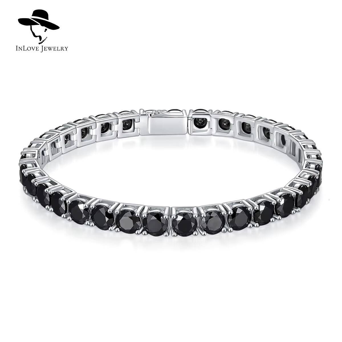 925 Sterling Silver Hip-Hop Tennis Bracelet 4mm 5mm 65mm VVS Black Moissanite Four-Claw Chain for Men and Women