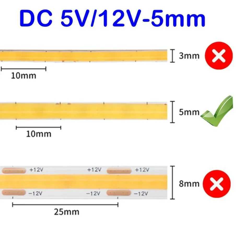 DC 5V/12V USB COB Strip 5mm 400Leds/M White/Ice Blue/Neutral light/Warm Flexible Ribbon Rope Night Lamp TV Backlight LED Strip M251129
