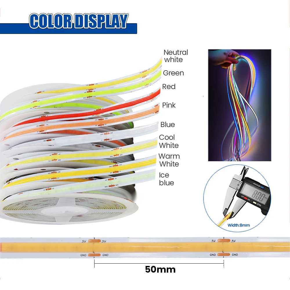 3AA Battery Box 5V COB Led Strip 320LEDs/M 8MM PCB For Room TV Backlight Flexible Tape Light Ice Blue/Red/Green/Pink/White/Warm M251129