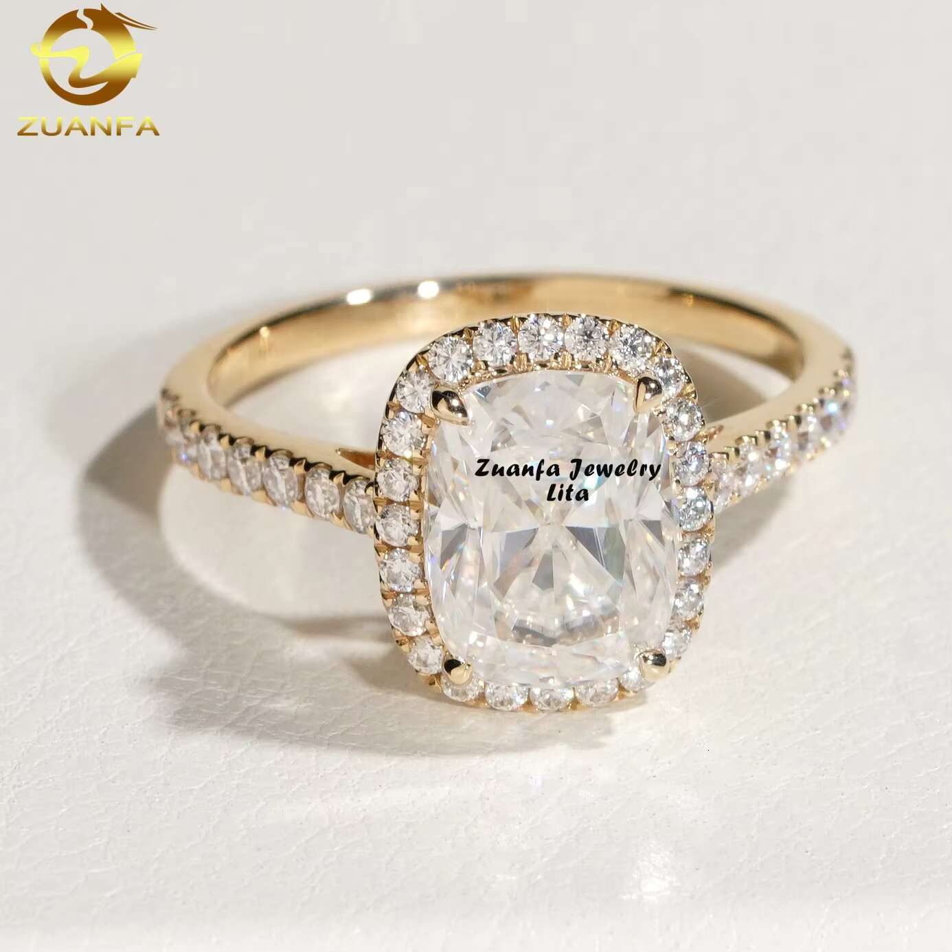 Classic Halo Design 14k Yellow Gold Long Cushion Cut 3ct VVS Moissanite Ladies Engagement Ring