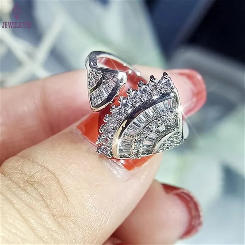 Top Sell Luxury Jewelry Set 925 Sterling Silver Full Princess Cut White Topaz CZ Diamond Skirt Clavicle Necklace Dangle Earring Women Wedding Open Rin