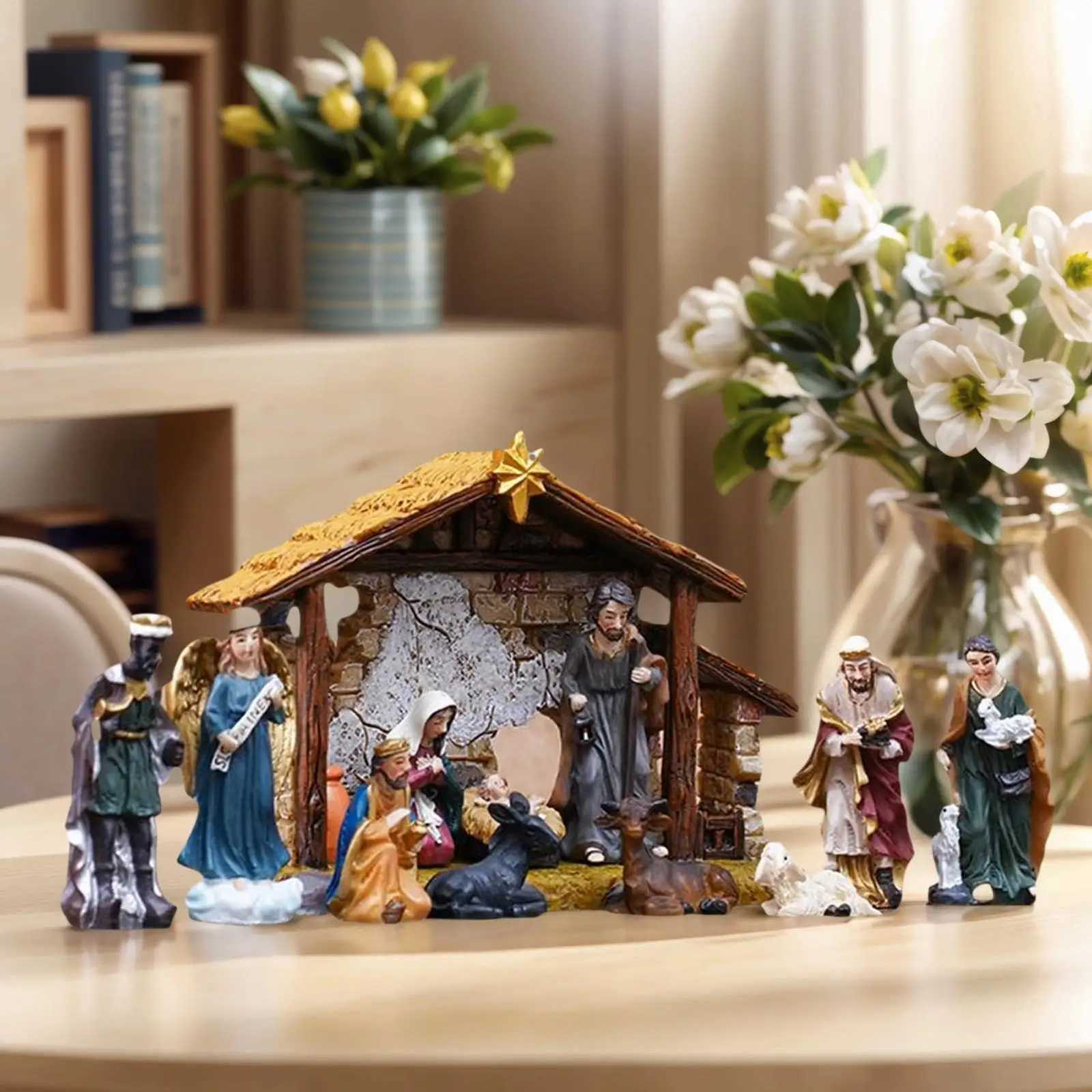 Nativity Set 12 Pieces Religious Jesus Birth Scptures Resin Holiday Decorations Nativity Scene Manger Statue H251129
