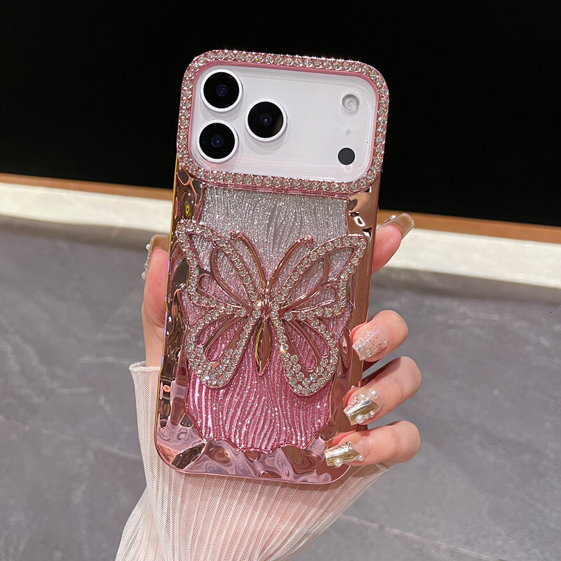 Hollow Large Butterfly Rhinestone Phone Case Compatible with iPhone 17 Pro Max Water Ripple Electroplated Soft Case iPhone 16/15
