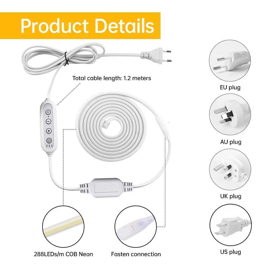 220V COB LED Strip 288LEDs/m Flexible Tape with Timing Dimming Switch EU/AU/UK/US Plug for Indoor Outdoor Lighting 1m-25m M251129
