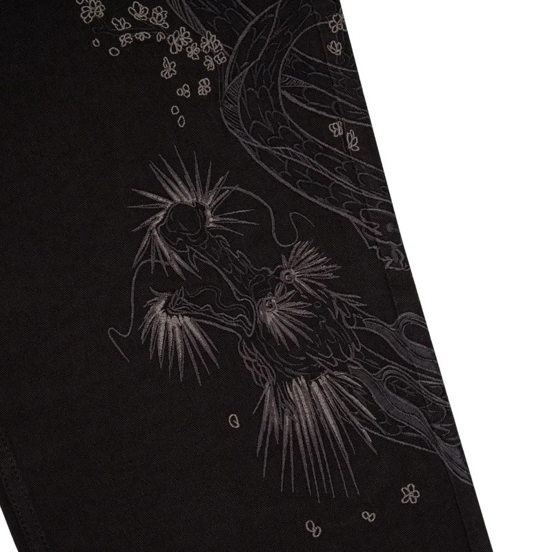 Derschutze Series Yakuza Black Jeans Y2K Retro Washed Wide Leg Pants Fashionable Printed Leather Gothic Baggy Low Unisex Jeans 251128