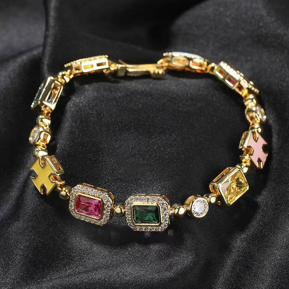 Classic Retro Colorful Luxury Necklace Vintage Opal Gemstones Enamel Oil Dripping Cross Chain Oval Zircon Link Unisex Bracelet