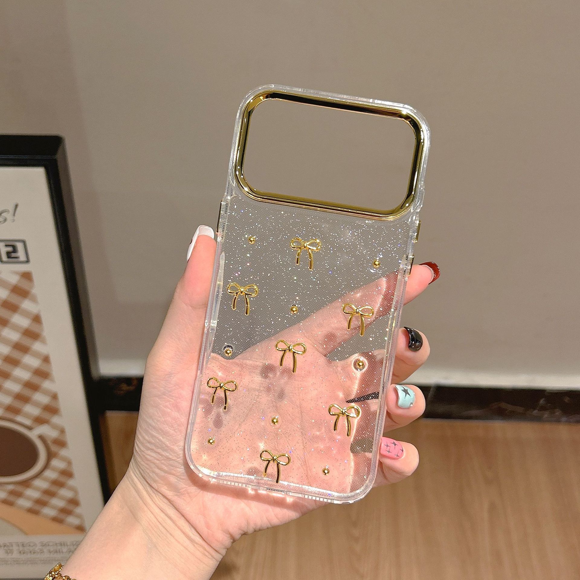 Flower Heart Bow Phone Case Compatible with iPhone 17 Pro Max Gold Bead Transparent Case Apple 16/15 Pro