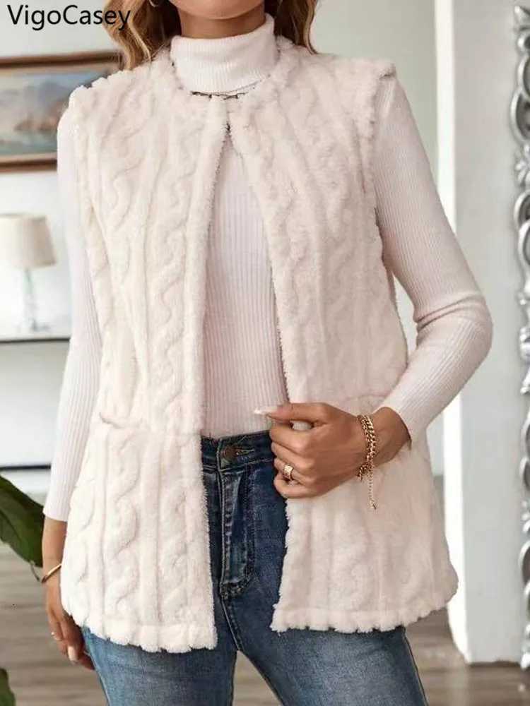 VigoCasey 2025 Autumn Woman White Thick Vest Coat Winter Sleeveless Plush Warm Waistcoat Lady Pocket Loose Casual Vest JacketT251129