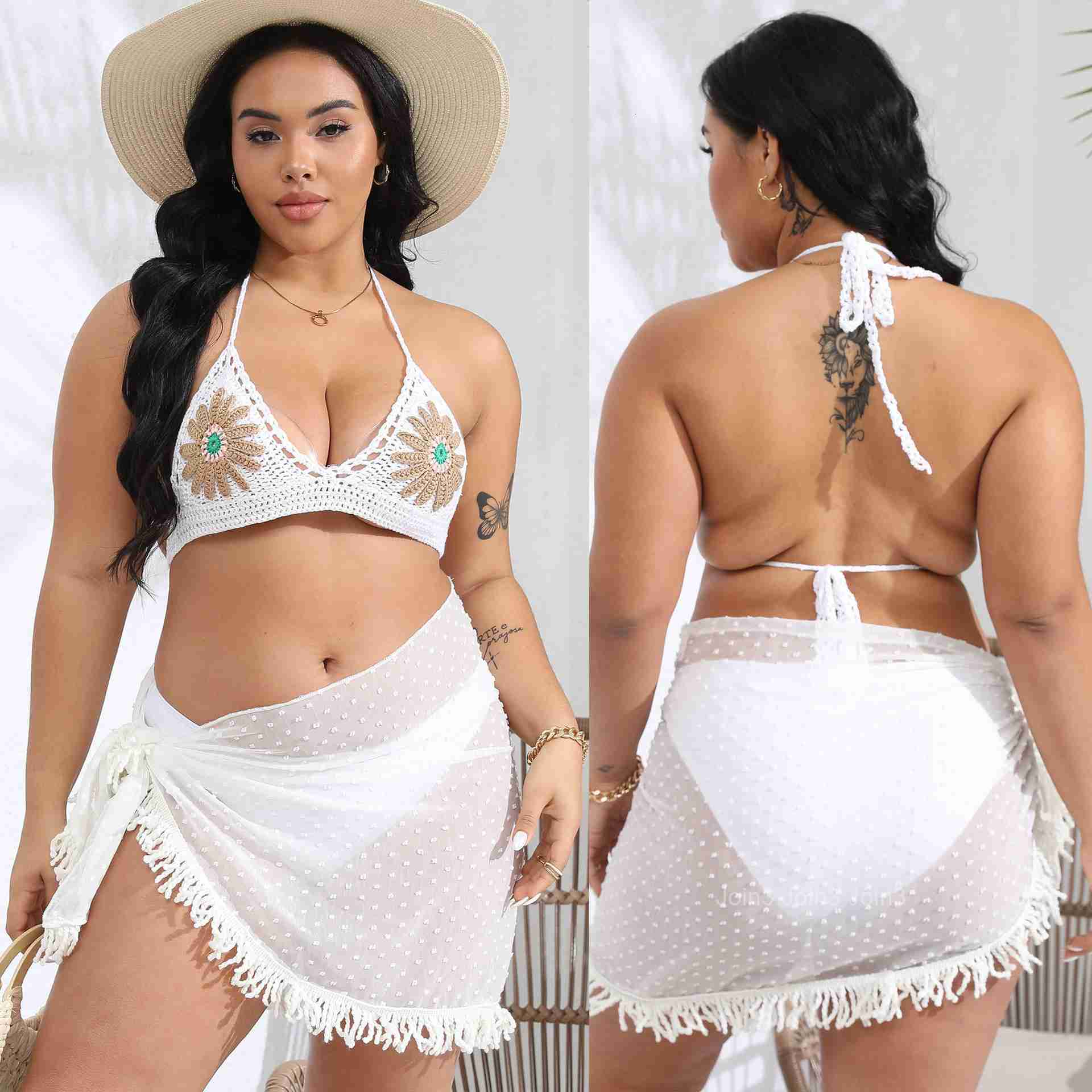 Womens Top Womens Sexy Beach Strap Pure Hand Hook Flower Splicing Strap Bikini Top