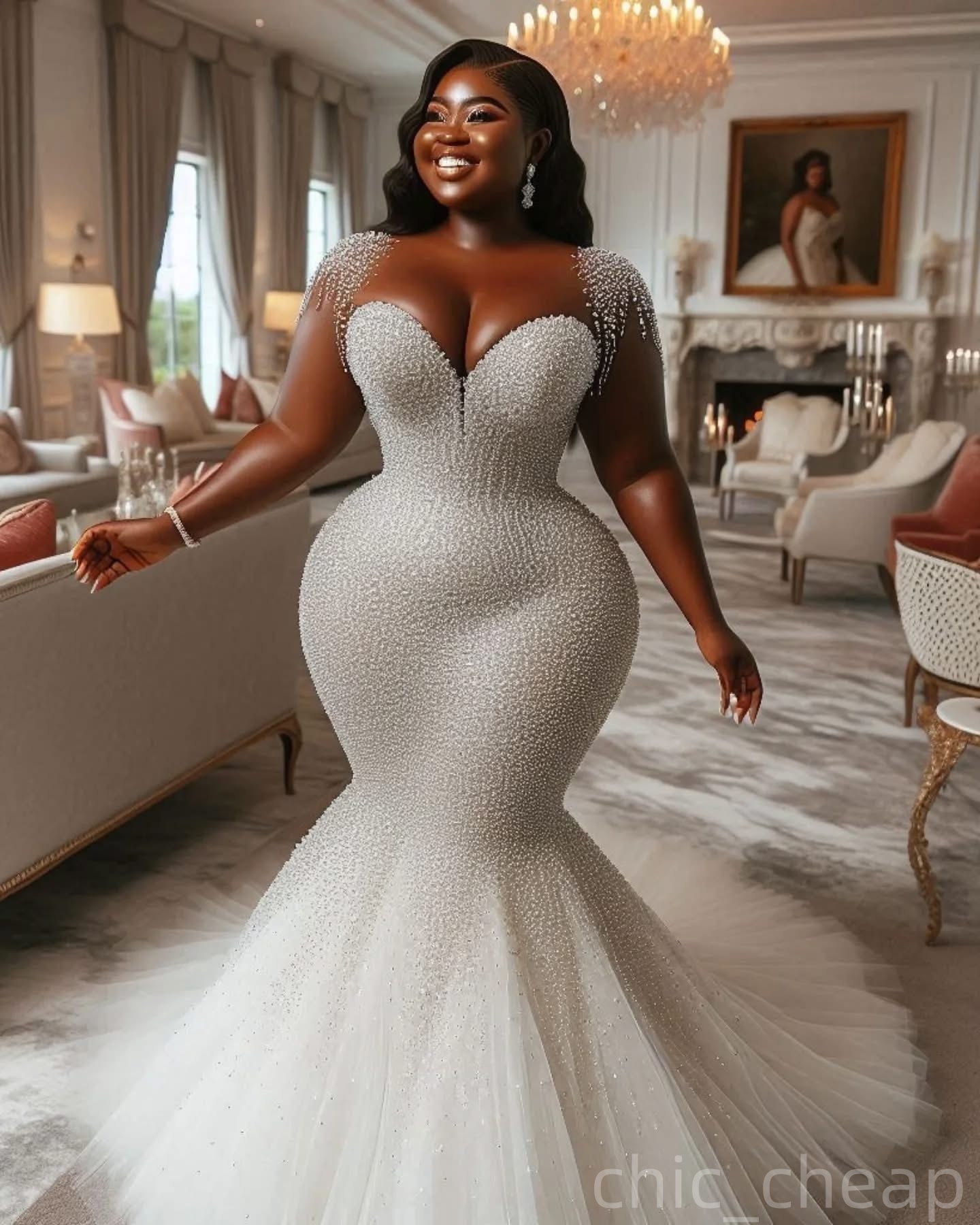 2025 Oversize Aso Ebi Plus Size Ivory Wedding Dress Cap Sleeves Beaded Sequined Tulle Sparkly Bridal Gowns Dresses ZJ062