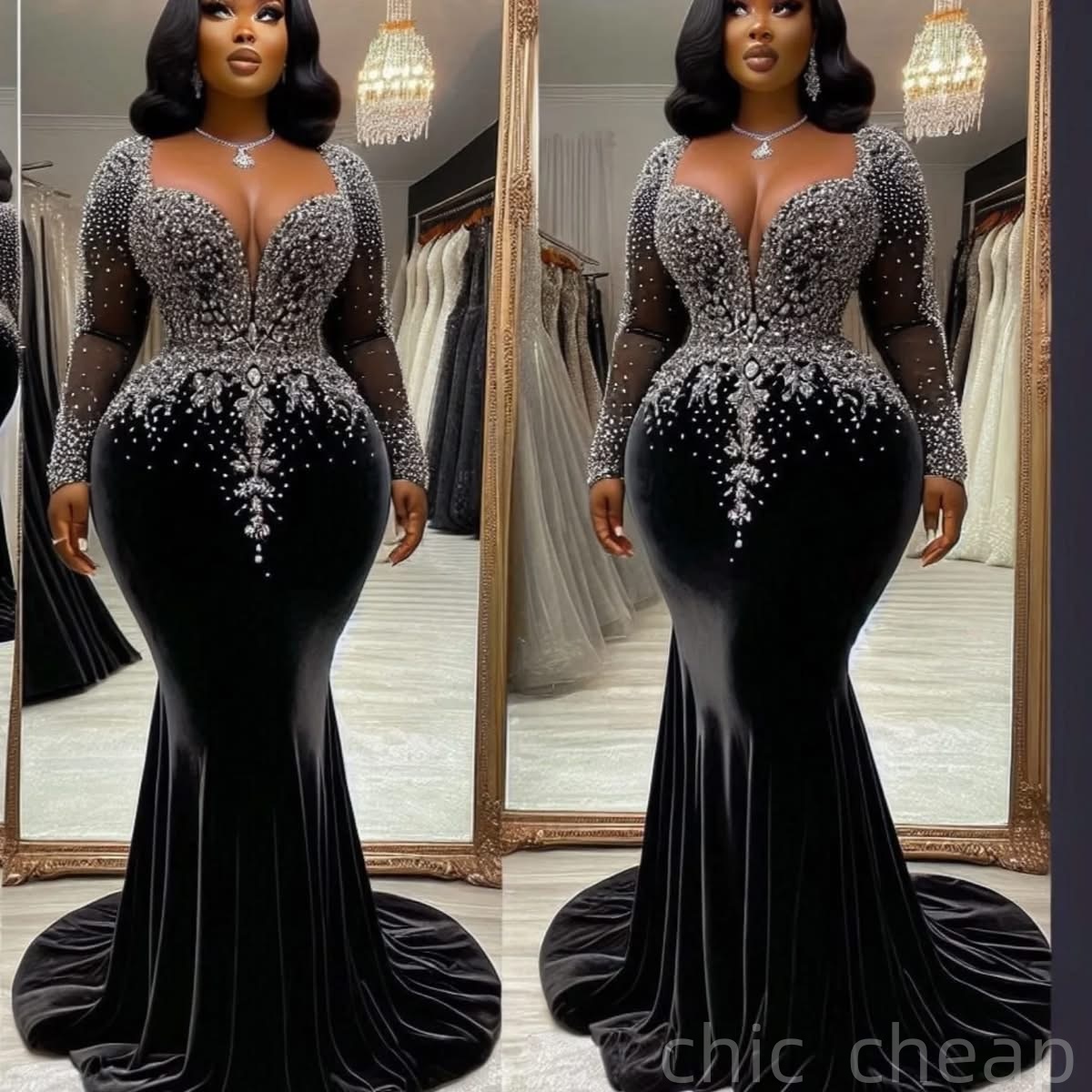 Mermaid Plus Size Prom Dresses 2025 Beaded Crystals Velvet Full Sleeves Evening Formal Party Second Birthday Engagement Gowns Dress For Special Occasi