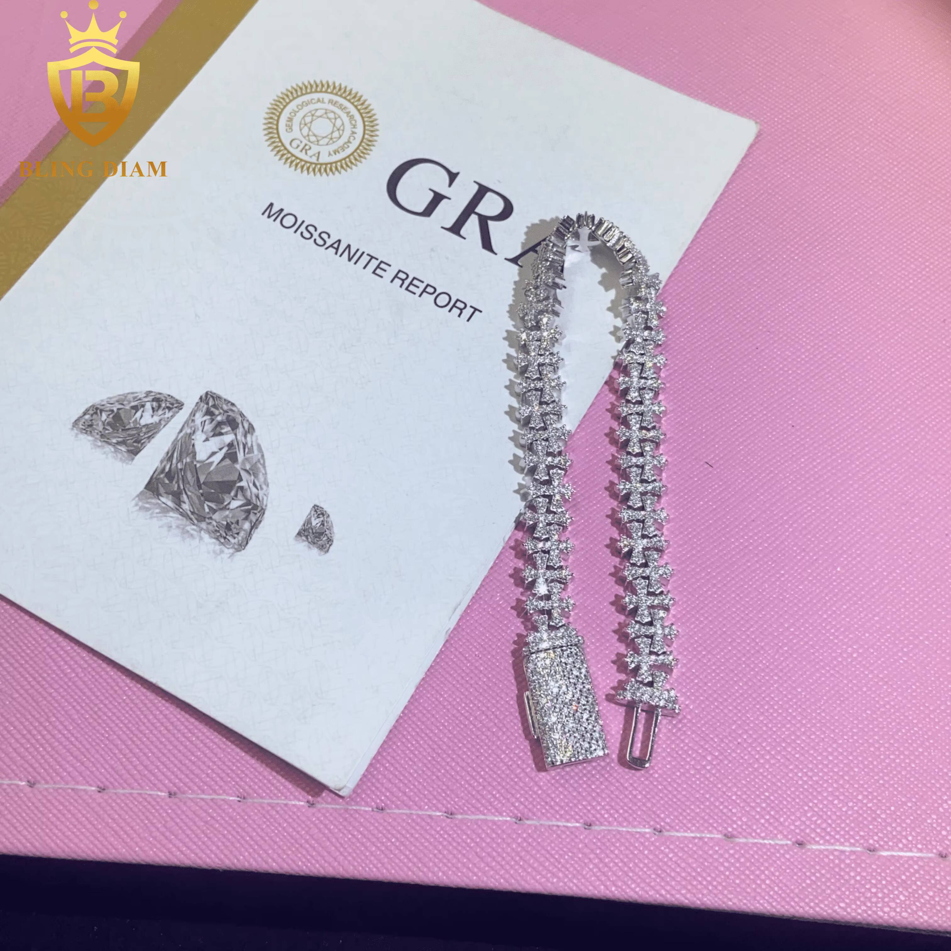 New Design Fashion 925 Sterling Silver 85mm Chain Moissanite Cuban Bracelet Men Women Cross Bracelet Hip Hop Style with GRA