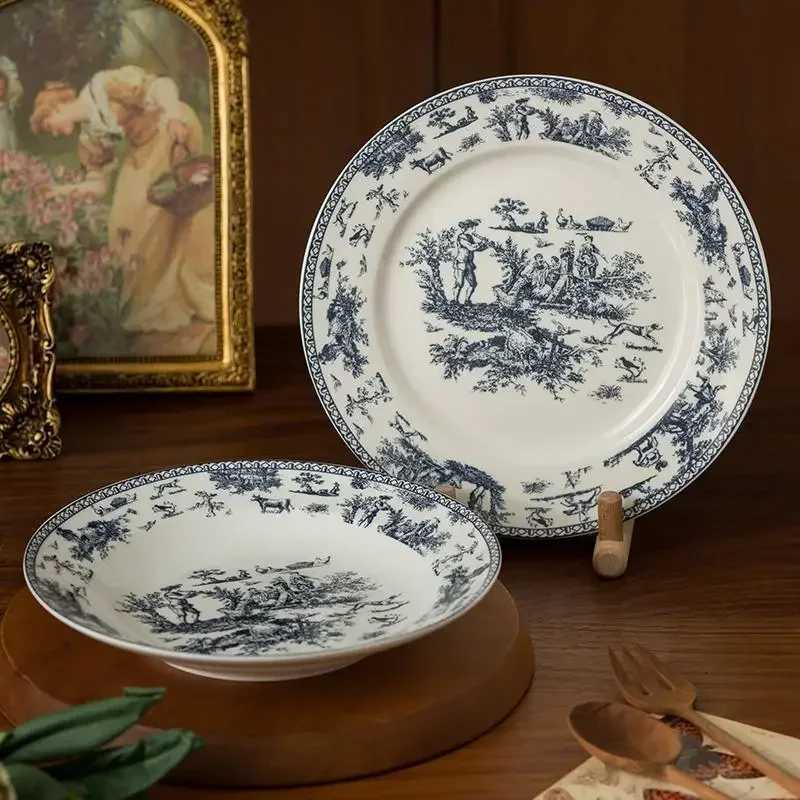 Luxury Retro French Style Ceramic Plate Light Luxury Restaurant Pasta Plate He Afternoon Tea Dessert Fruit Plates Exquisite Tableware Y251129
