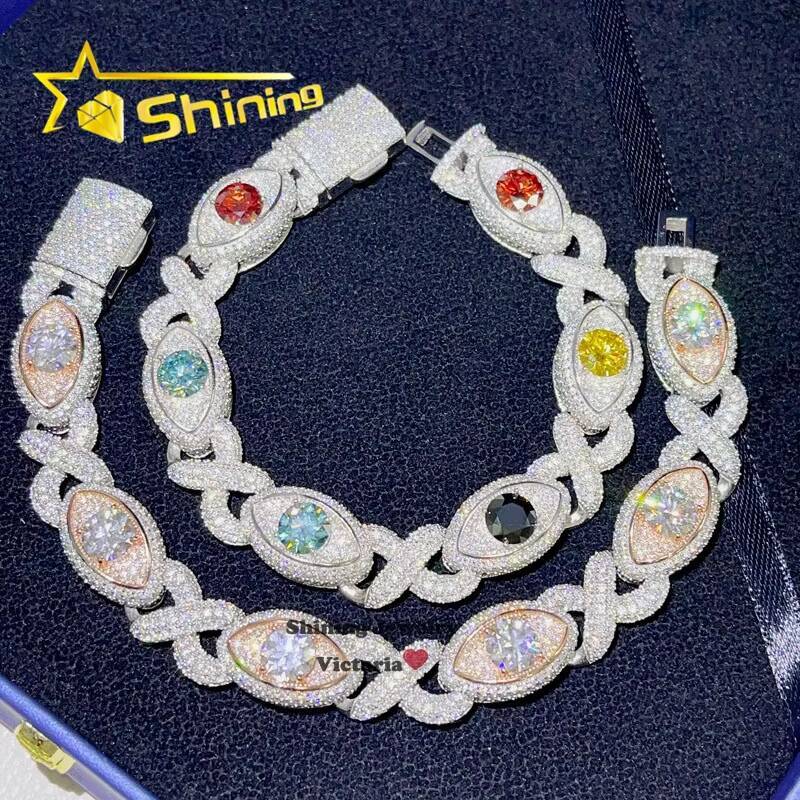 Hip Hop Jewelry Men Fashion 14K White Gold Plating Sterling Silver 925 Iced Out VVS Moissanite Diamond Evil Eye Cuban Bracelet 1