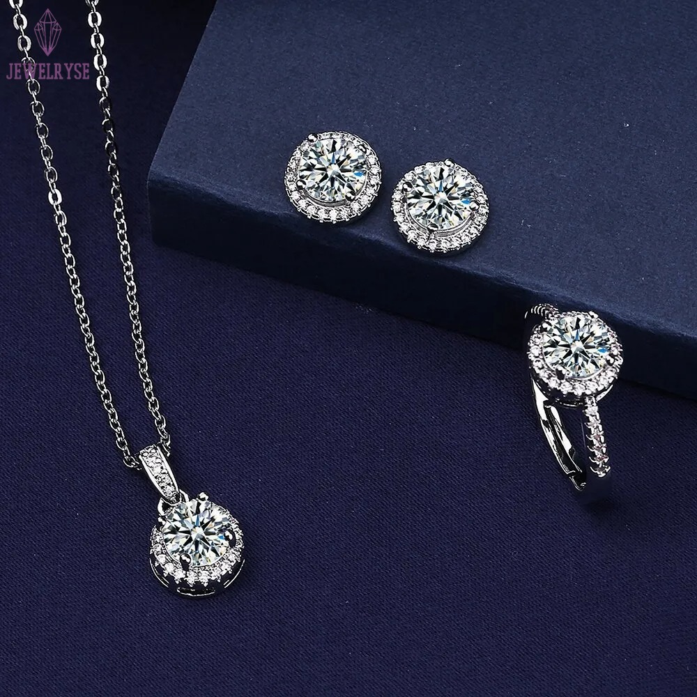 Ins Top Sell Wedding Jewelry Sets Ladies Jewellery 925 Sterling Silver Round Cut White Lab Moissanite Diamond Clavicel Necklace Stud Earring Women Rin