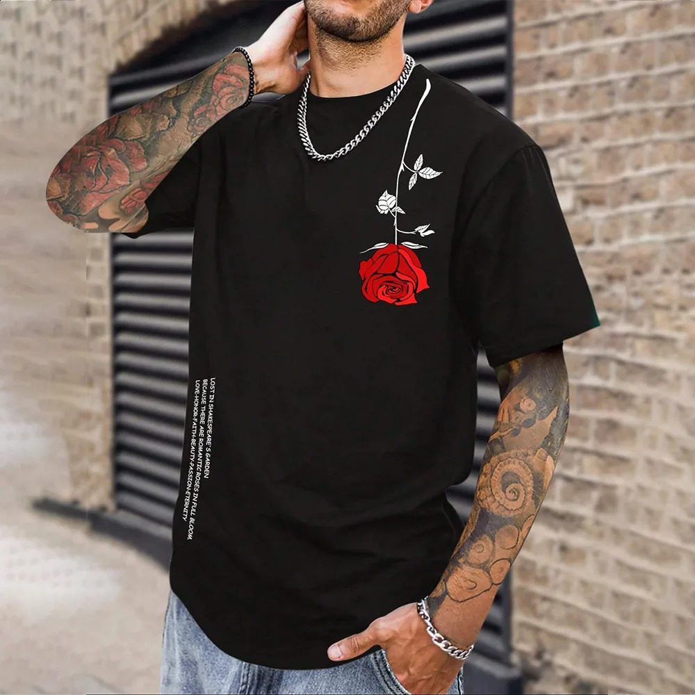 Fashion Rose Graphic Print Plus Size Mens T-shirt Soft Crew Collar Short Sleeve Top Large Loose Mens T-shirt Clothing 250429