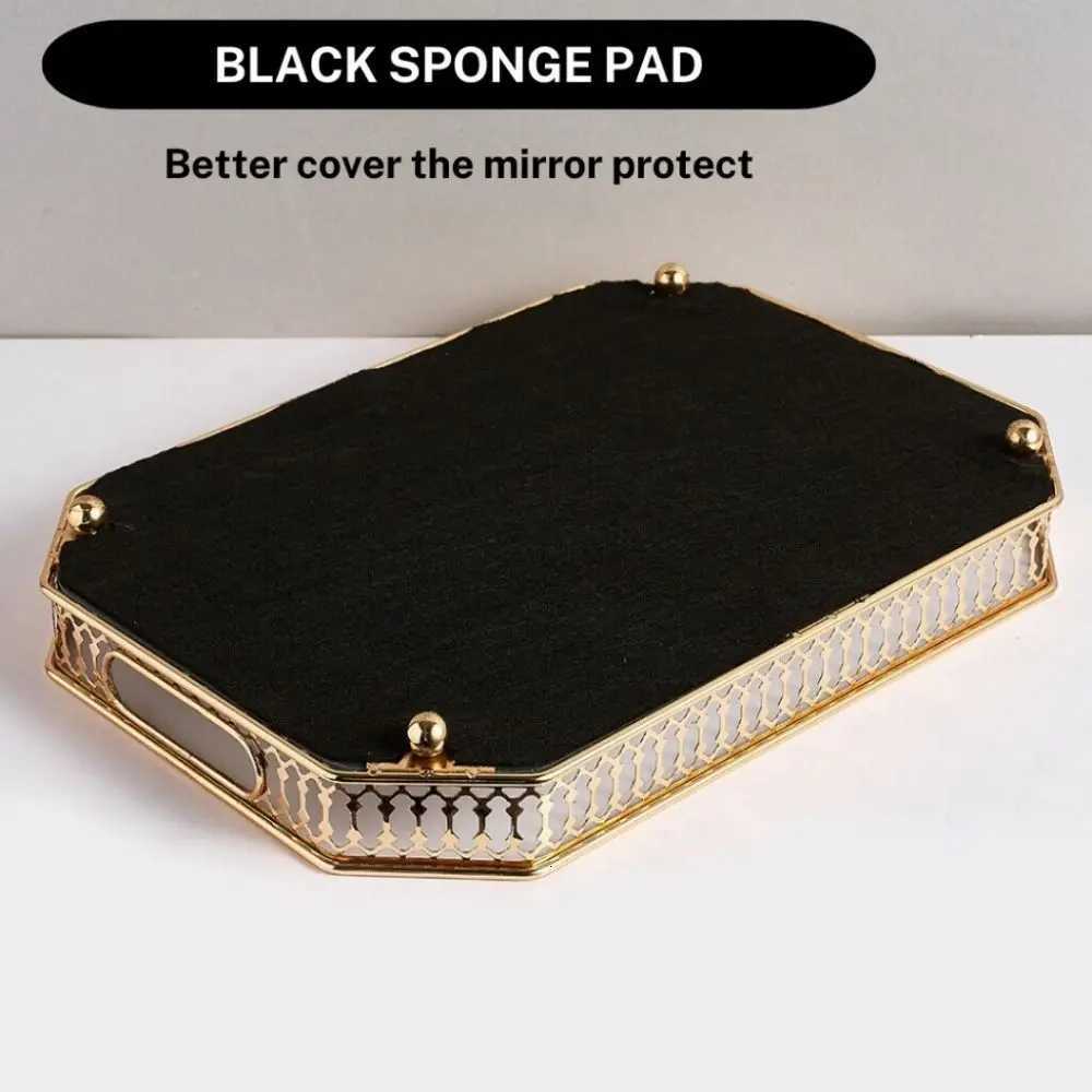 Luxury Gold Mirror Storage Tray Round Rectangle Metal Jewelry Tray Large Capacity Glass Makeup Snack Tray Bedroom Living Room Y251129