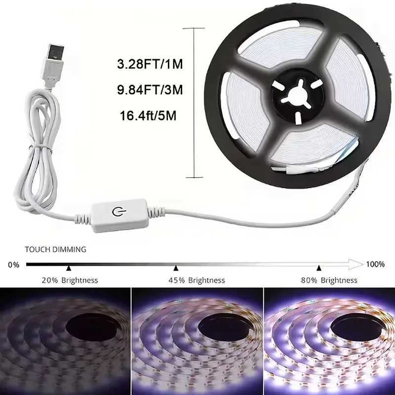 5V USB 2835 LED Strip Light - Touch Sensor Dimmable Flexible Tape for Mirror Cabinet Stair Decor Lighting M251129