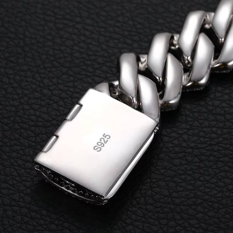 20mm Diamond Shape Thick Hiphop Bling 925 Sterling Silver 3 Rows Moissanite Stones Cuban Chain