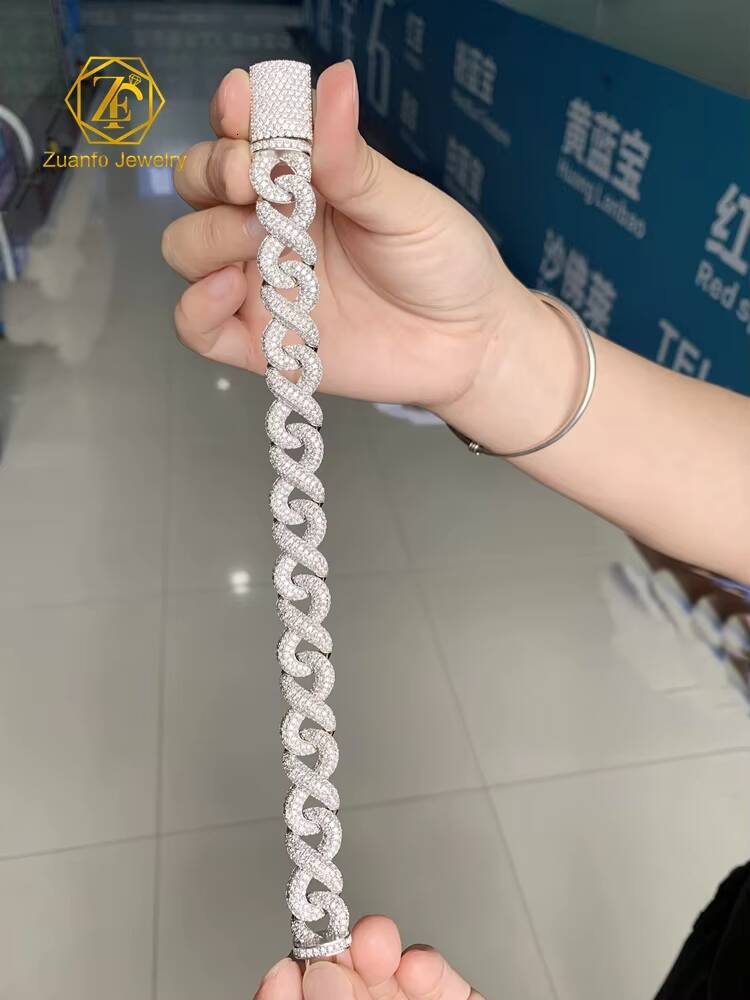 Hiphop Style 925 Silver Gold Plated 15MM Moissanite Infinity Chain Cuban Chain Necklace Bracelet Fine Chain Link Bracelets for