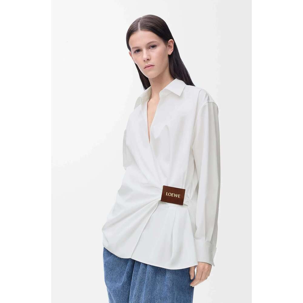 25 Spring And Summer New Long Sleeve Waist Shirt Women Irregular Lacing Leather Label Design Slim Temperament Blouse