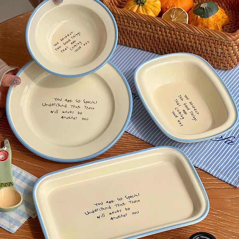 Luxury Korean Style Letter Printing Ceramic Tableware Contrast Colours Yoghurt Bowl Round Breakfast Plate Rectangar Dinner Dish Y251129