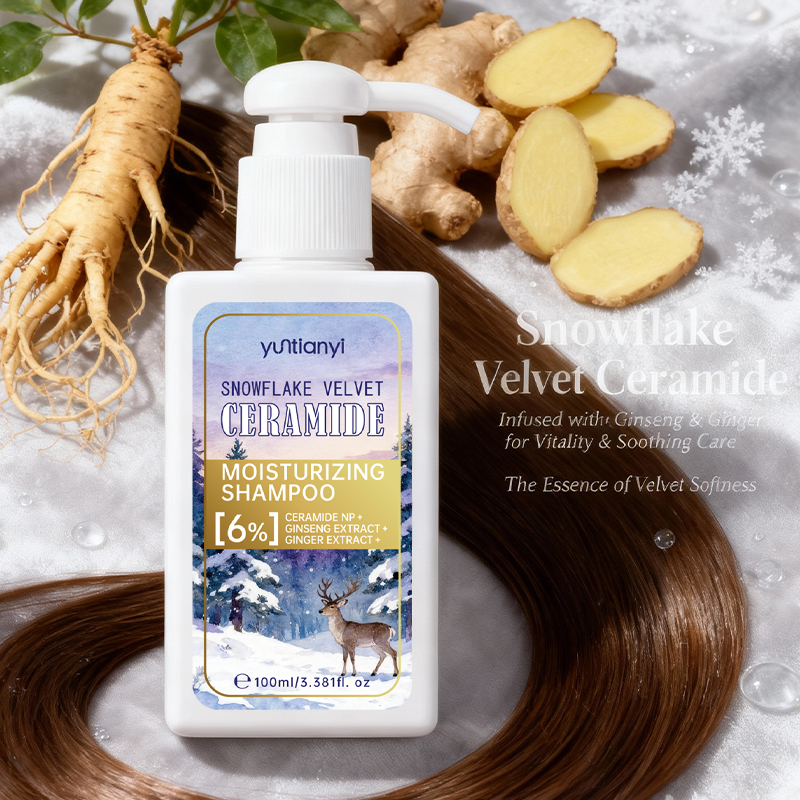 Snowflake Velvet Ceramide Moisturizing Shampoo, Ginger Extracts, 100ml Hydrating Hair Care Product for 72H Long-Lasting Moisture & Silky Soft Hair