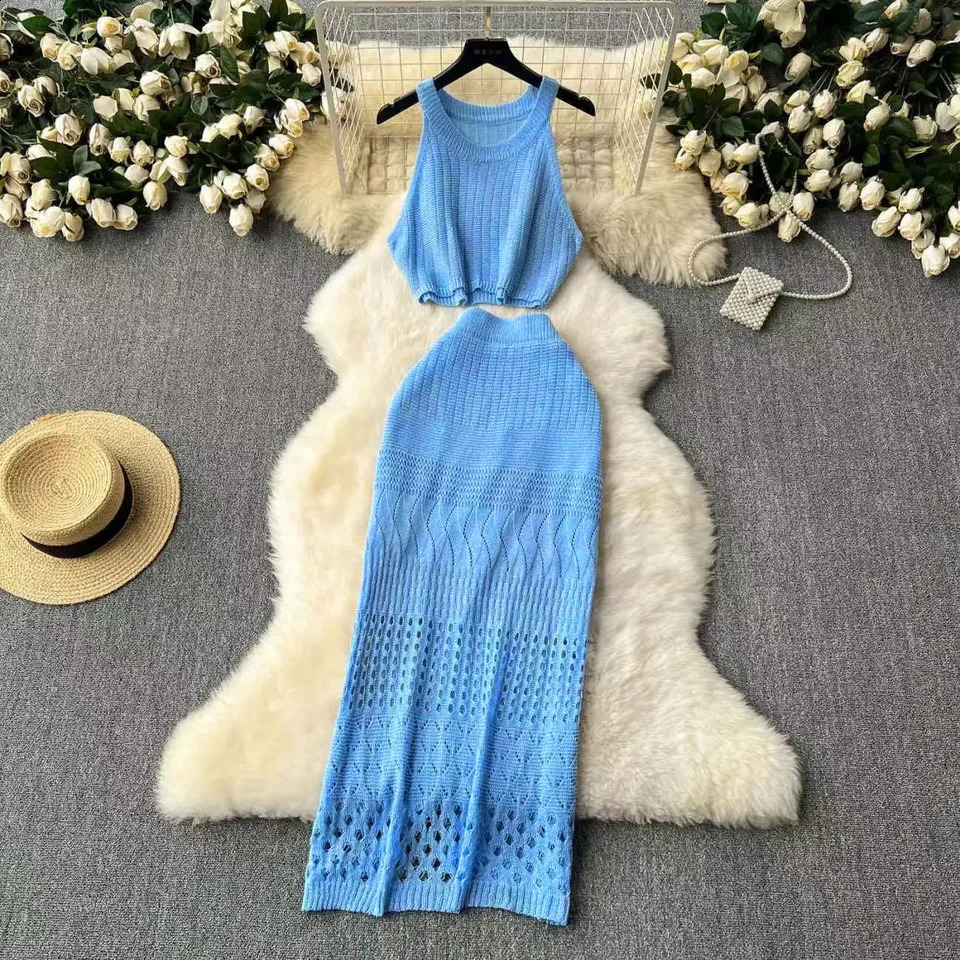 Knitted Solid Color Tank Top Texture Splicing Dress Womens Beach Sunscreen Dress Hollow Beach Dress 250423