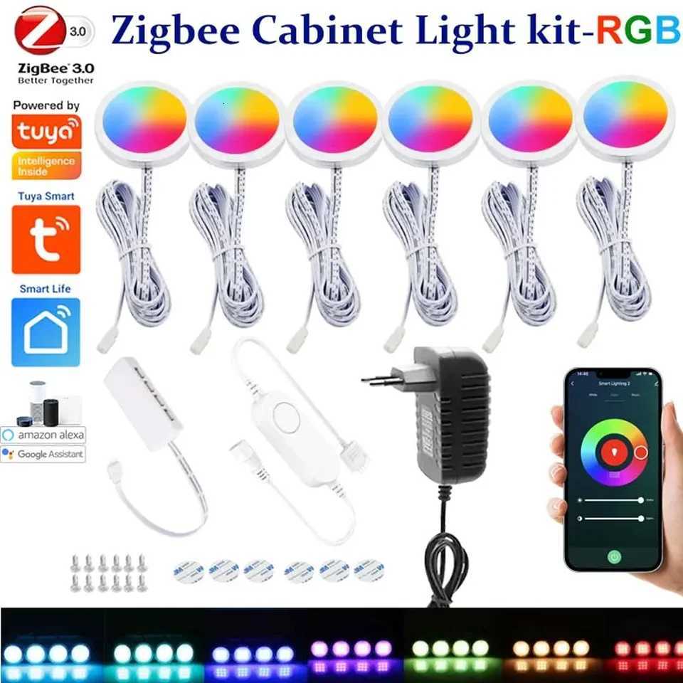 DC12V Tuya Zigbee LED Round Under Cabinet Light Kit RGB Color Change Dimming for Kitchen ShelfVoice Control Google Alexa Echo M251129
